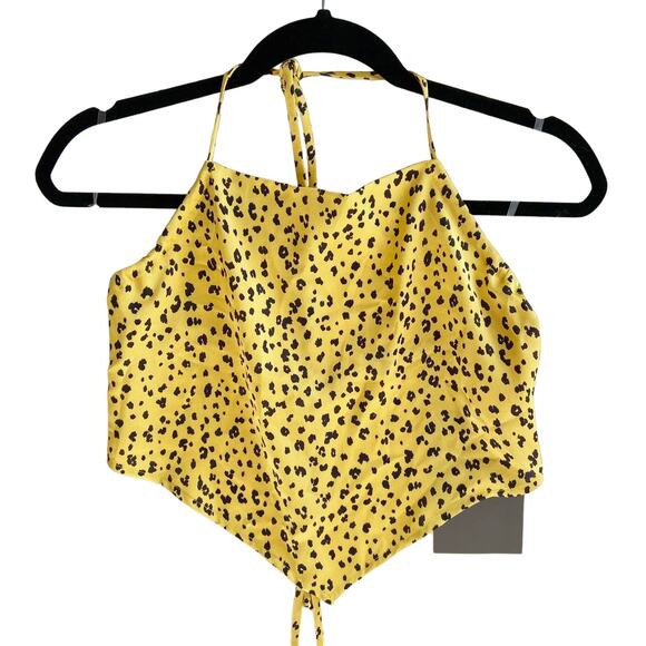 Le Lis S Yellow Cheetah Animal Print Satin Handkerchief Halter Chiffon Crop Top - Picture 3 of 6